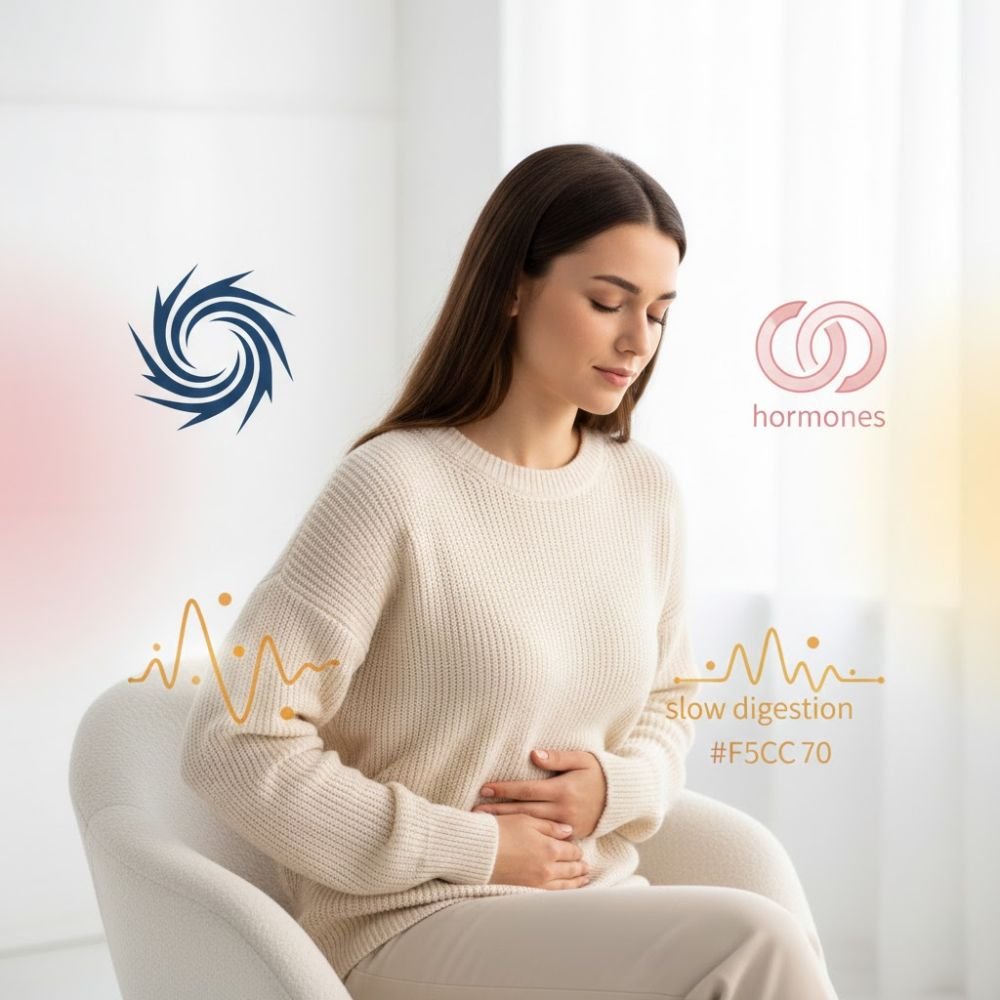 Woman experiencing bloating due to hormones and slow digestion