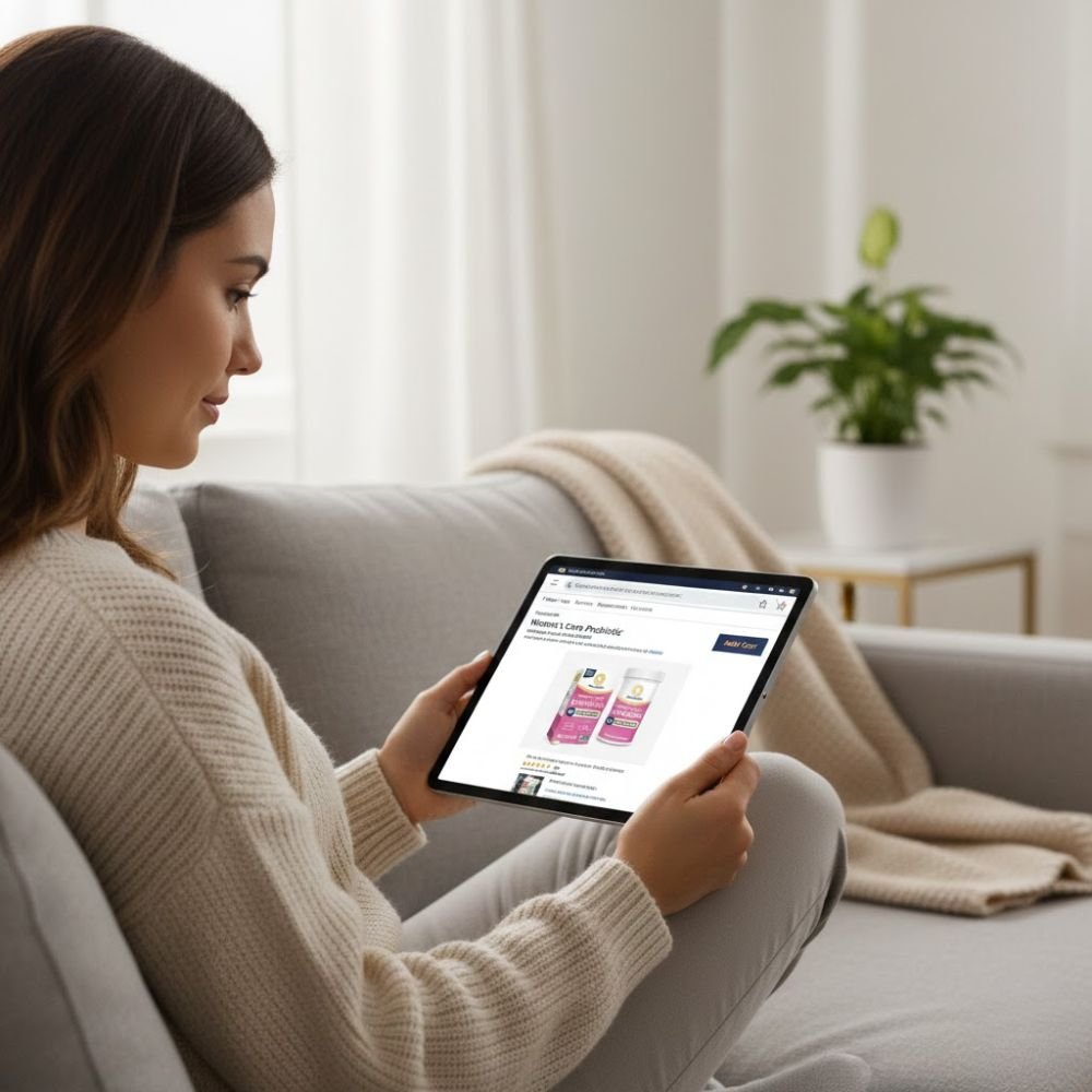 Woman looking at probiotic product on Amazon