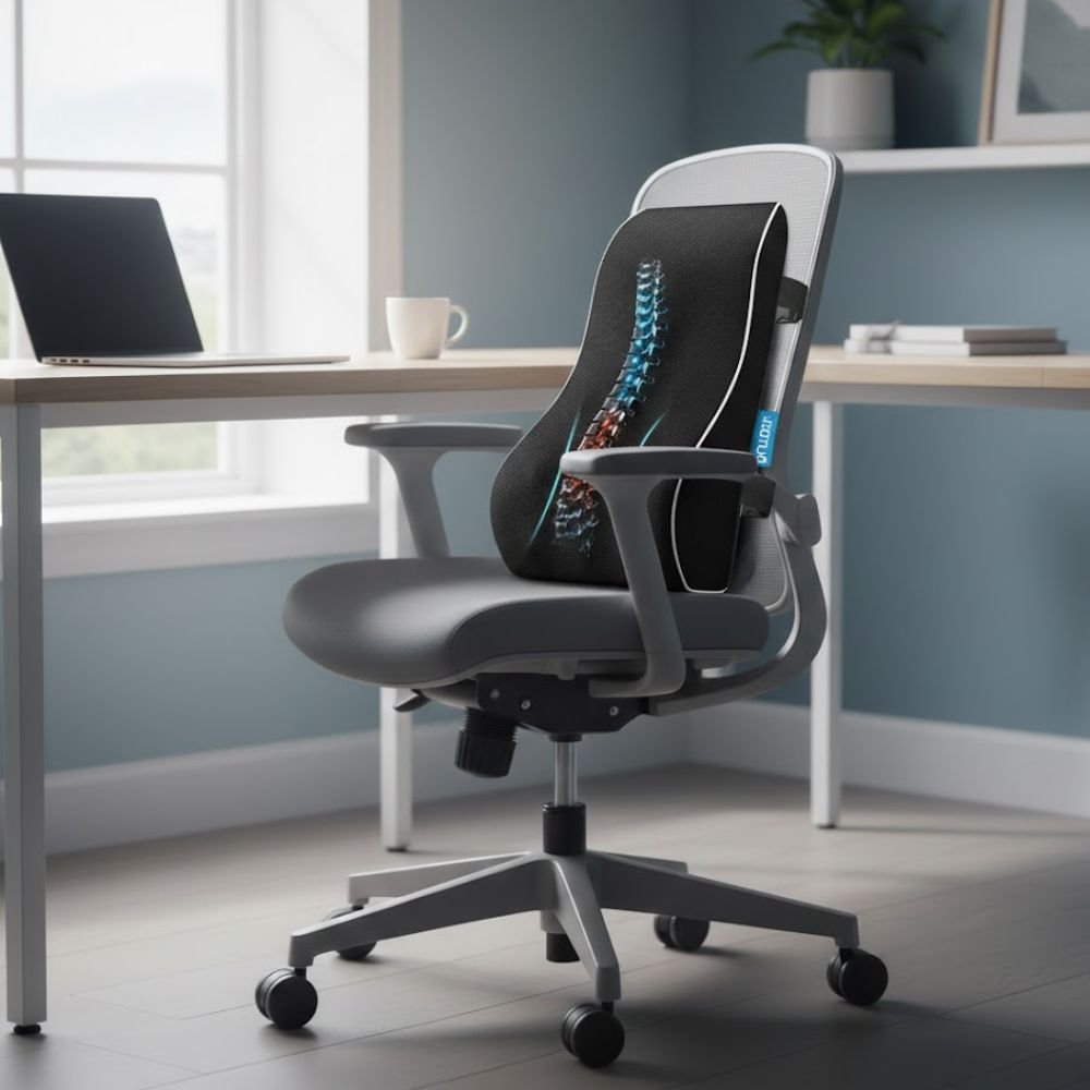 Ergonomic desk with office chair and lumbar pillow.