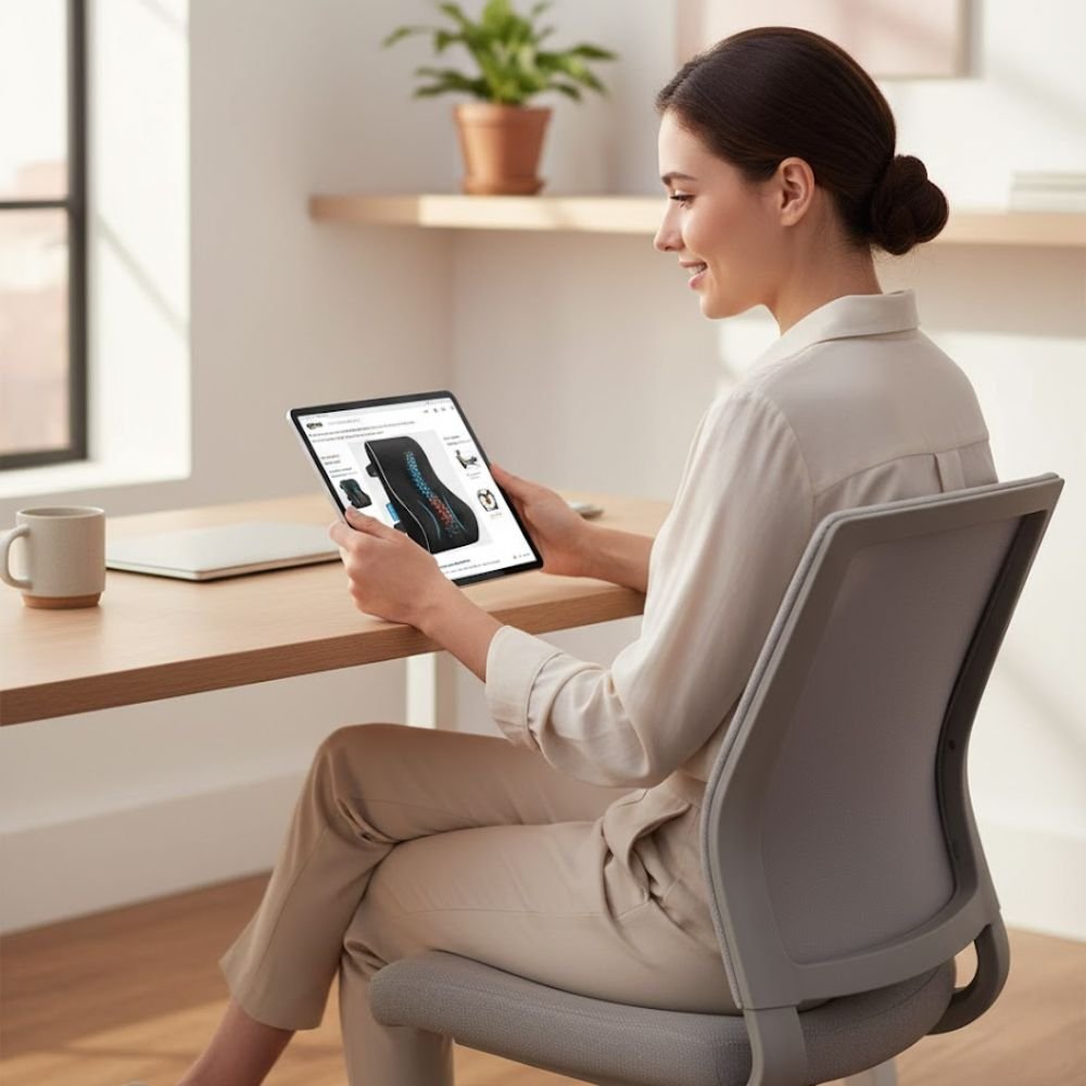 Relaxed person sitting with supported lower back.