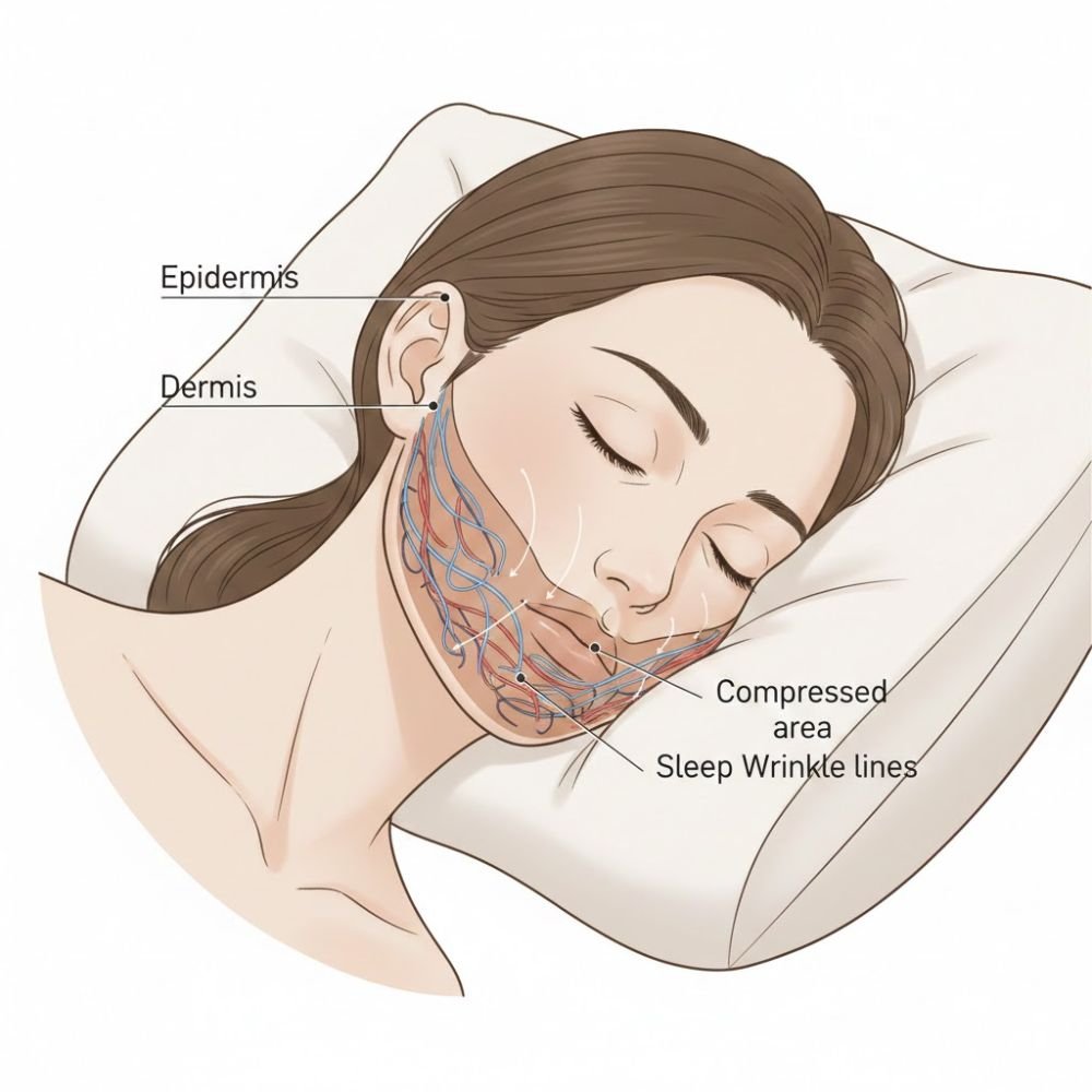 Illustration showing how the face presses into the pillow and compresses skin layers.