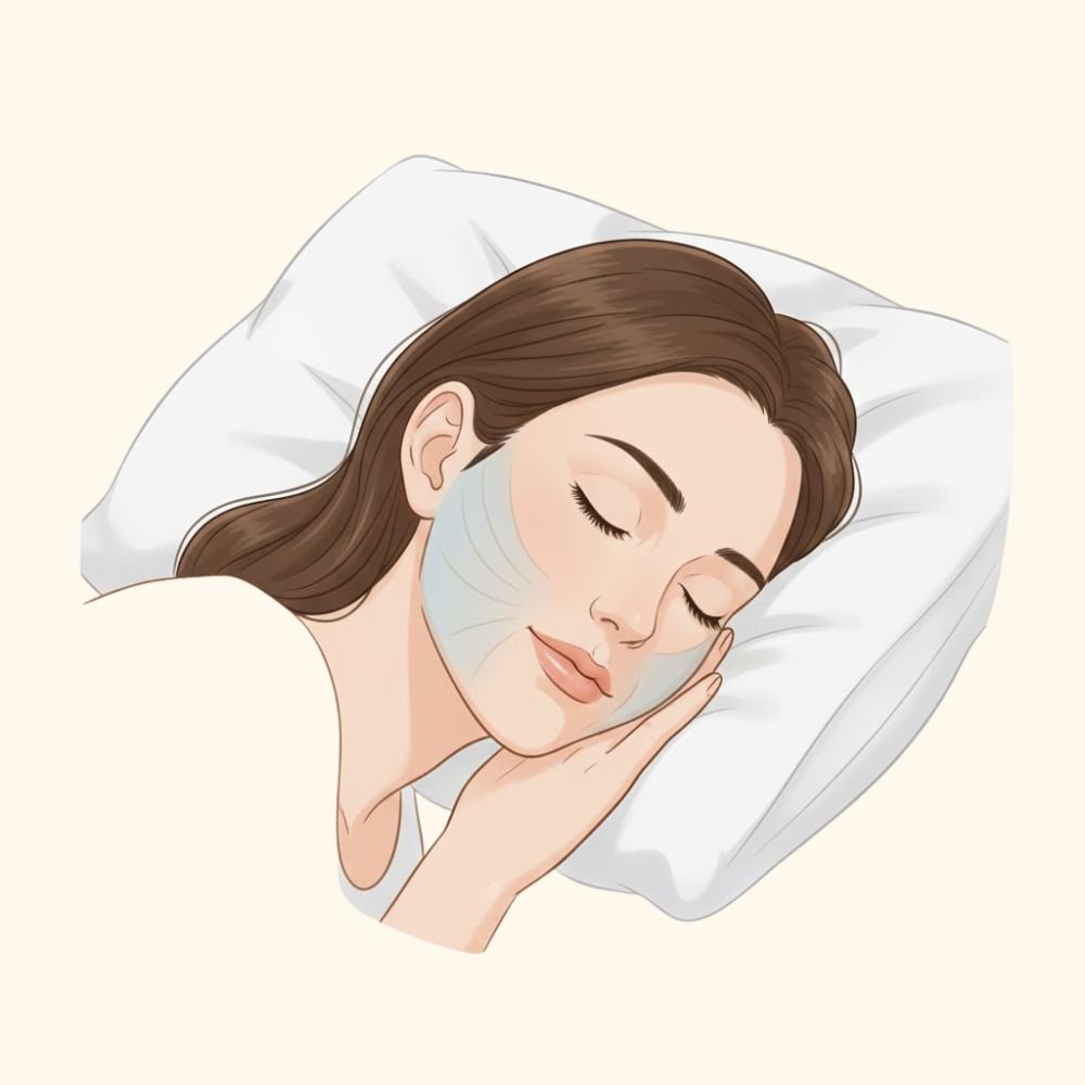 Woman sleeping on her side with her cheek compressed into the pillow.