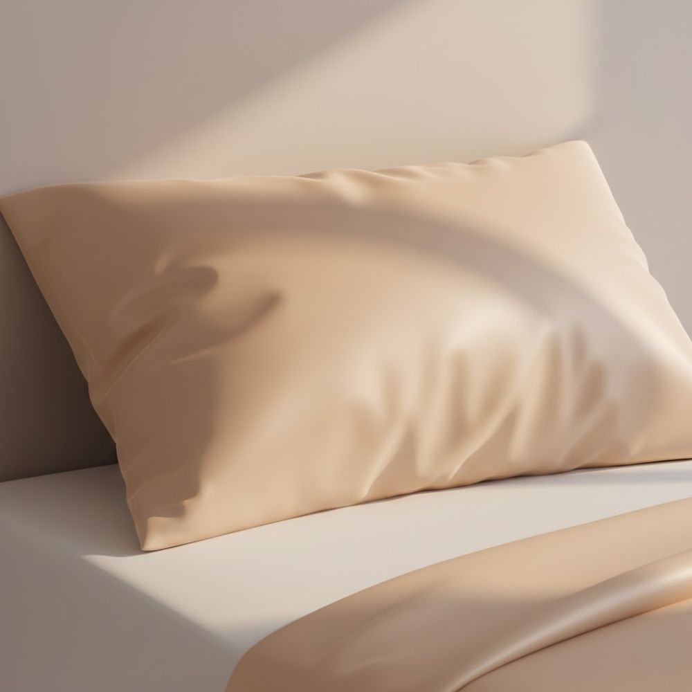 Minimalist bedroom with soft lighting and a silk pillowcase on the bed.