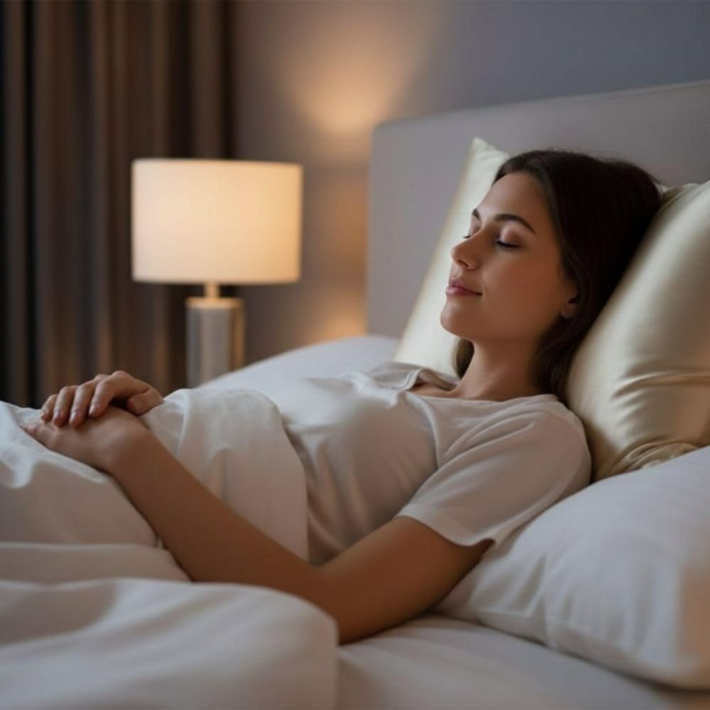 Close-up of smooth cheek and relaxed smile on a pillow.